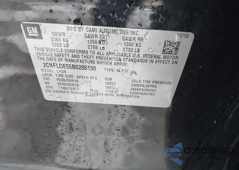 2011 Chevrolet Equinox 1Lt из США, поврежденный, VIN 2CNFLDE55B6286138